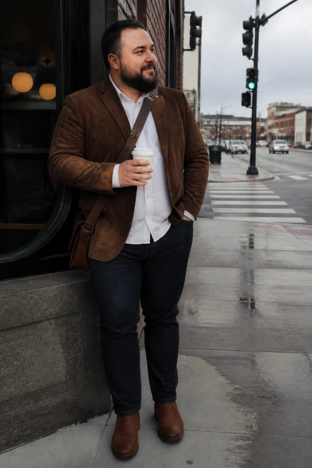 Bearded man in brown suede jacket holding coffee on wet urban sidewalk