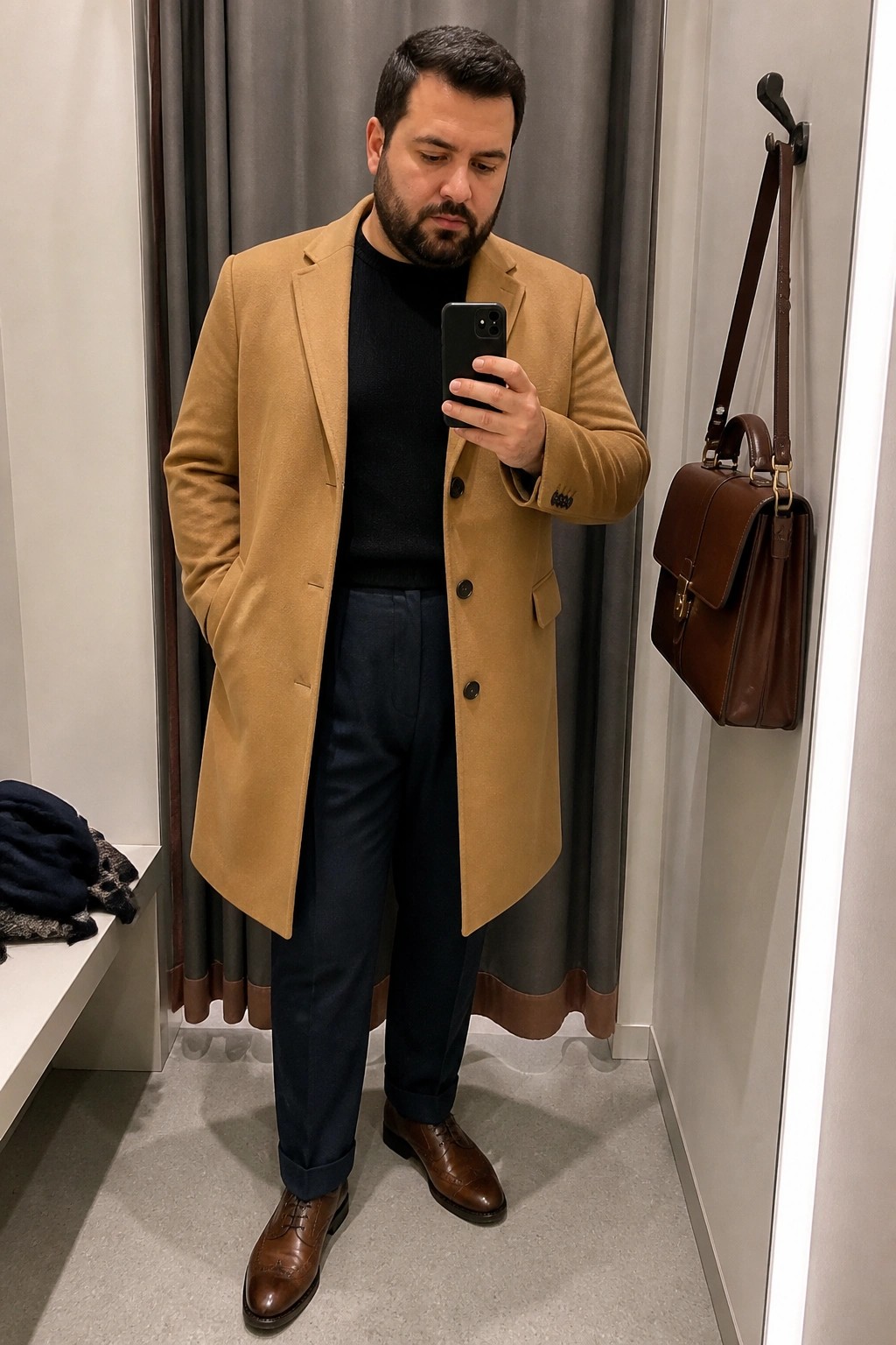Man in tan overcoat taking mirror selfie beside hanging brown leather bag.