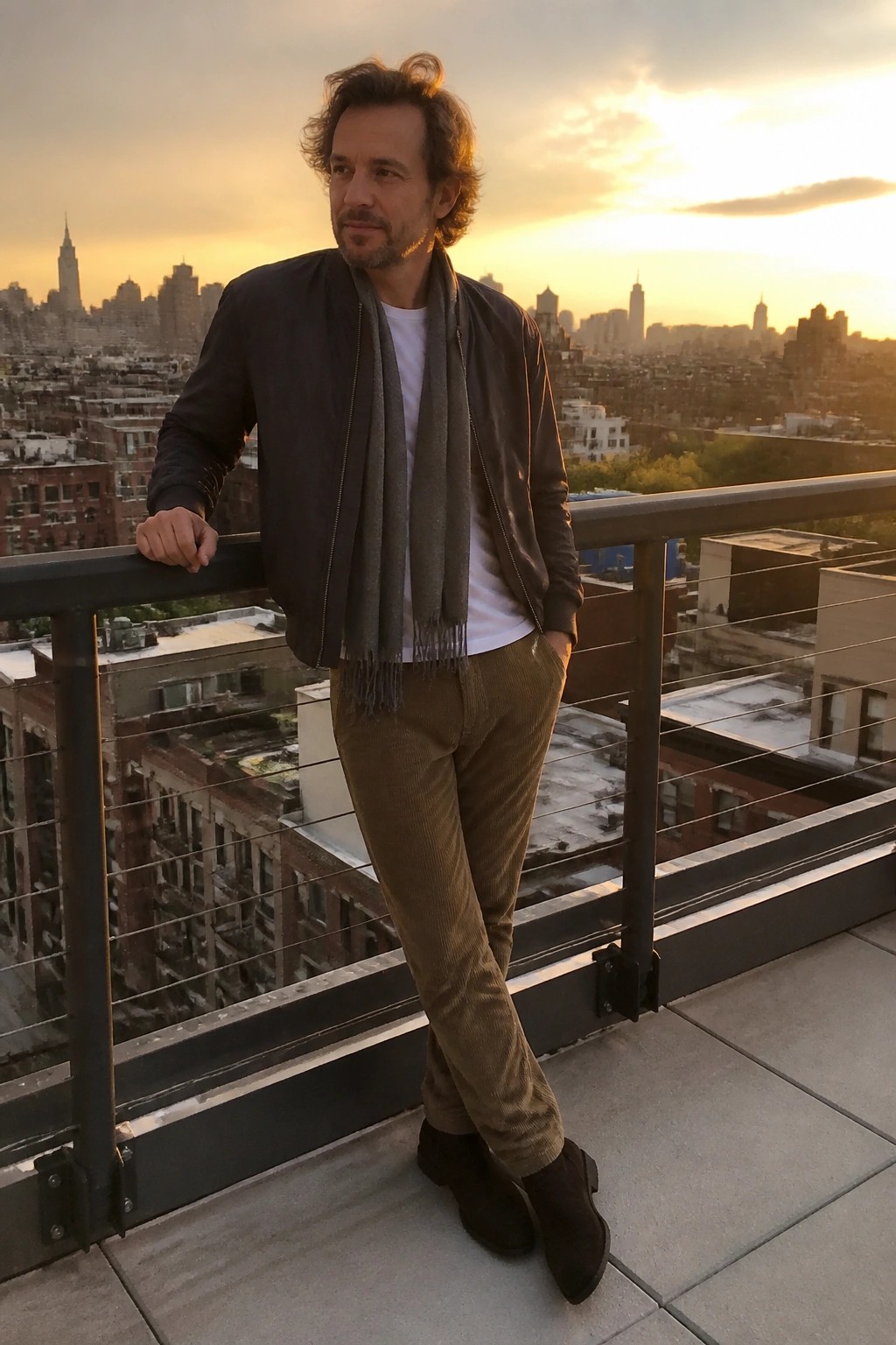 Man in jacket and scarf leans on railing overlooking New York skyline at sunset