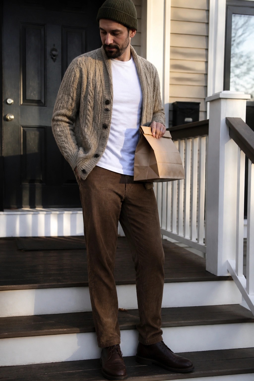 Man in green beanie, beige cardigan, and corduroy pants holds paper bag on steps.