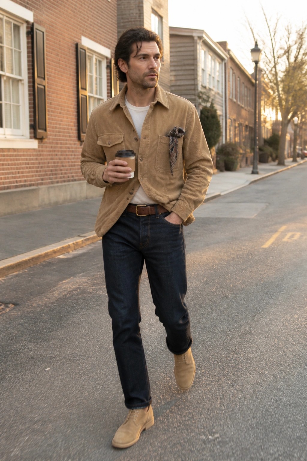 Man in tan corduroy jacket and jeans walks on suburban street holding coffee.