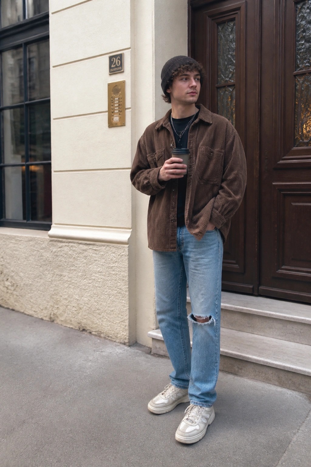 Man wearing brown corduroy shirt jacket over black t-shirt with light blue ripped jeans, white sneakers, dark beanie, and layered necklaces while holding a coffee cup outdoors.