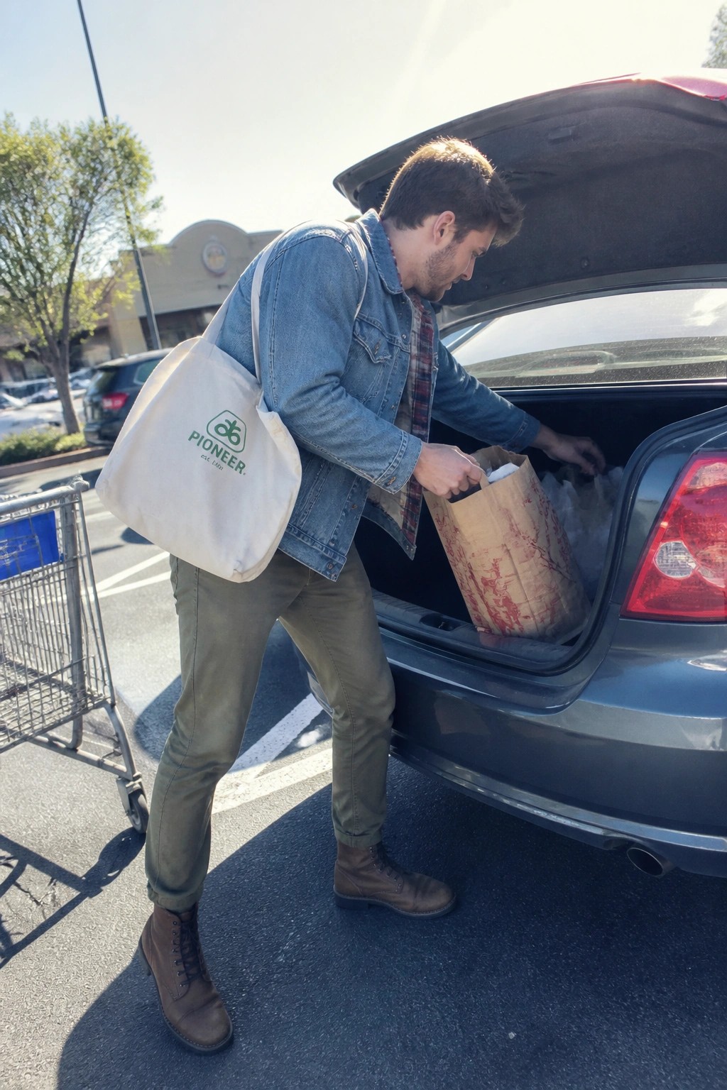 Man in denim jacket with white tote bag loads stained paper bag into car trunk