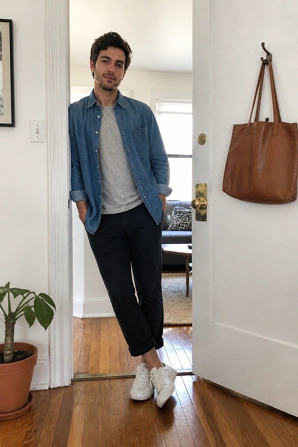 Man in blue denim shirt and dark pants standing in home doorway with leather tote bag