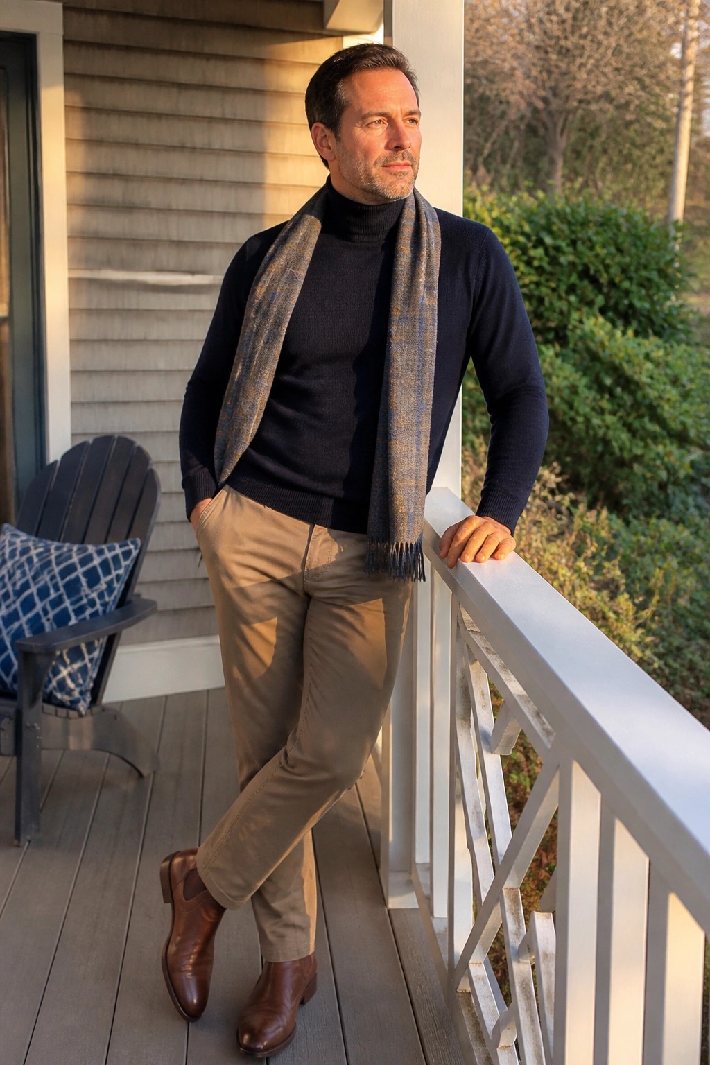 Man in navy turtleneck, plaid scarf, khakis, and brown boots on porch railing
