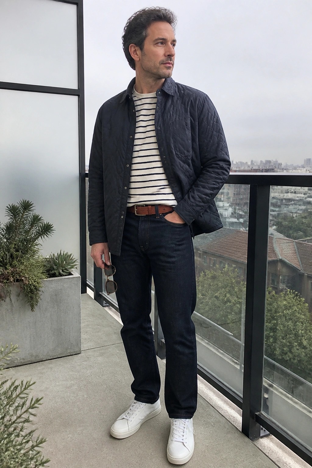 Man in quilted navy jacket over striped shirt with jeans and white sneakers on balcony