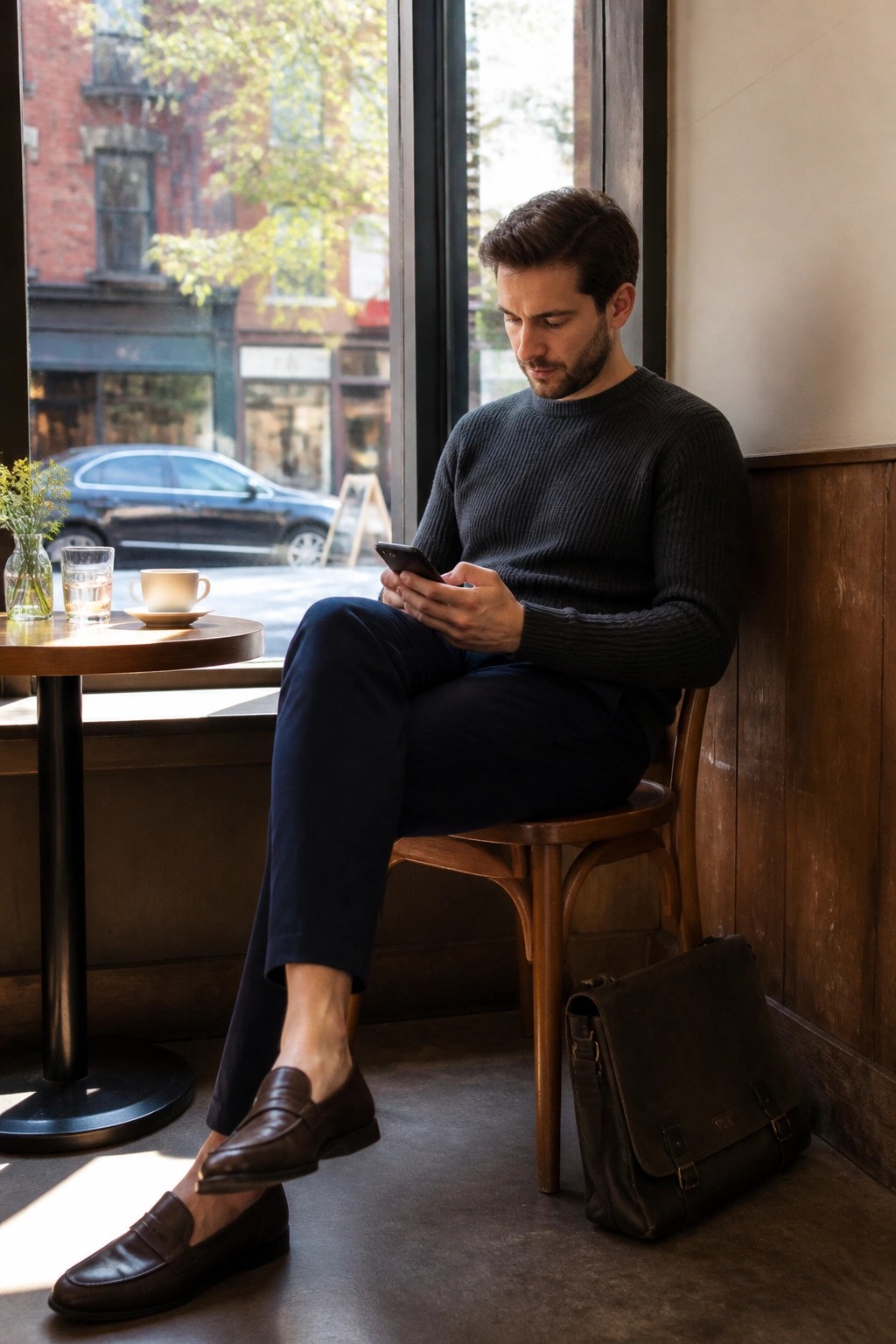 A man in a dark gray ribbed sweater, navy trousers and brown leather loafers sits on a wooden chair checking his phone next to a small round table and a dark messenger bag.