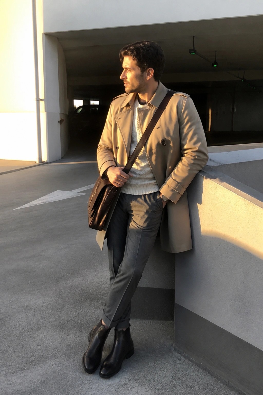 Man wearing an open beige trench coat over a cream knit sweater and gray trousers, paired with black Chelsea boots and a brown leather messenger bag.