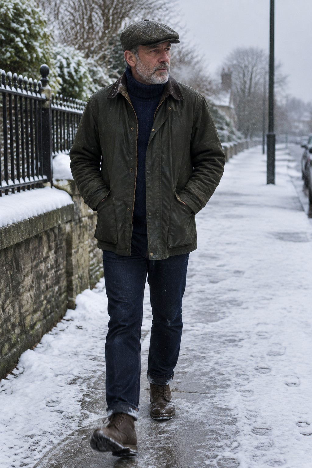 A gray-bearded man in a dark olive waxed jacket, navy roll-neck sweater, dark jeans, brown lace-up boots, and a flat cap.