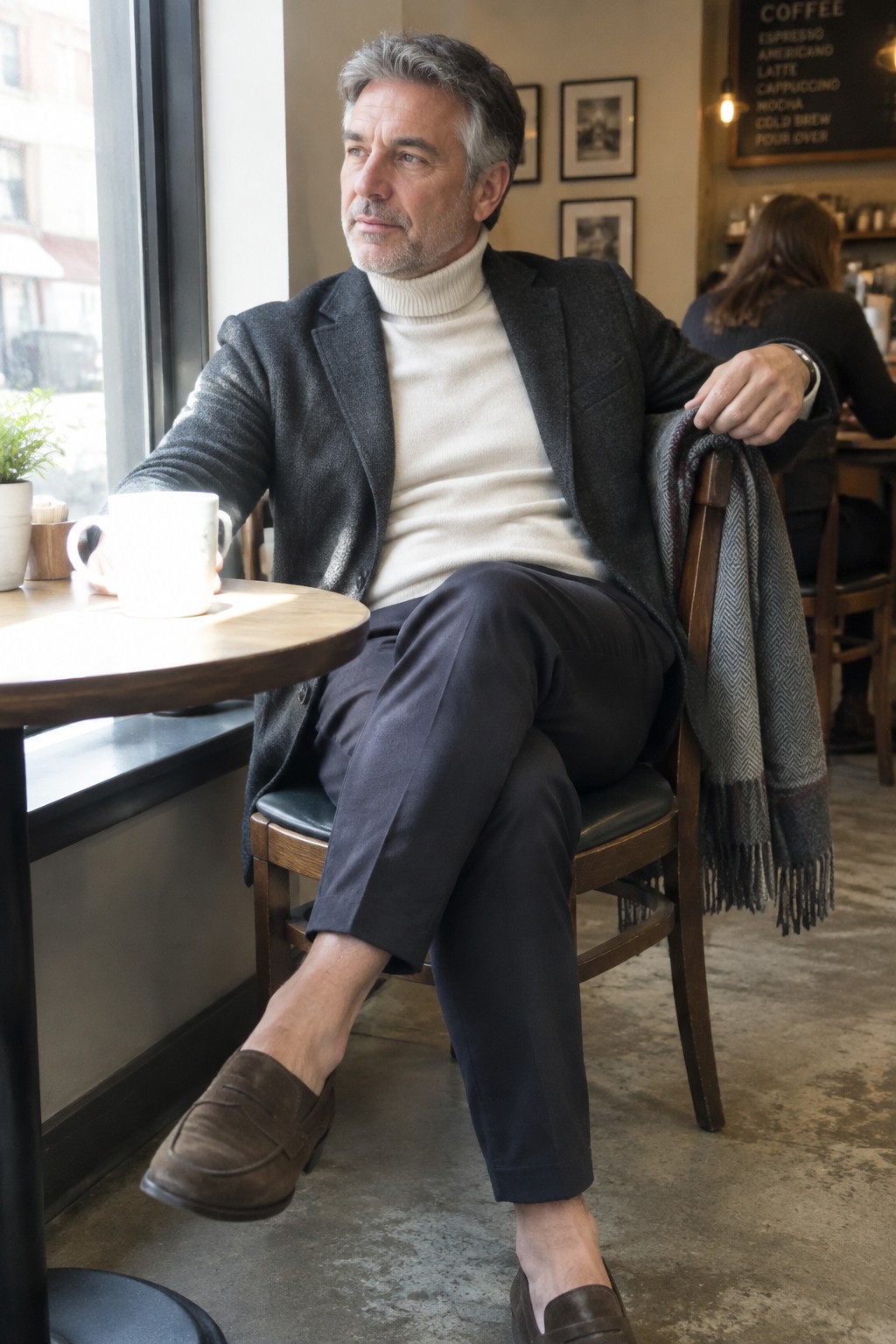 A gray-haired man wearing a charcoal blazer, cream turtleneck, navy trousers, and brown suede loafers.