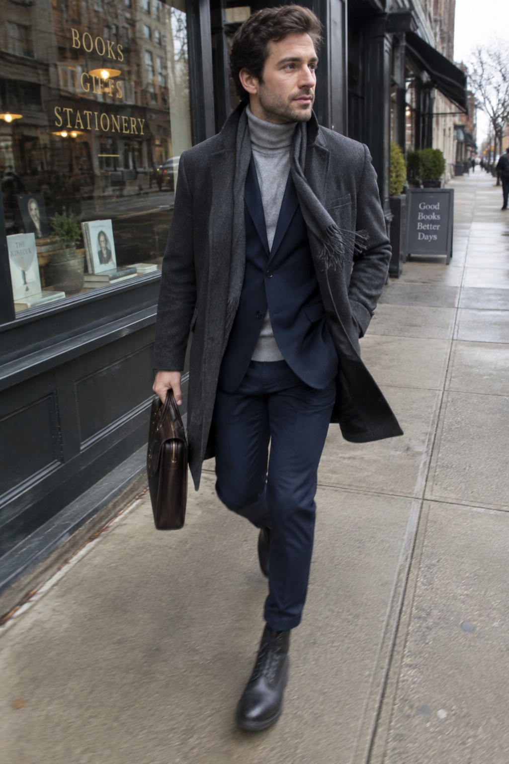 Man walking in a charcoal overcoat and scarf over a navy suit and gray turtleneck, carrying a brown leather briefcase and wearing black ankle boots.