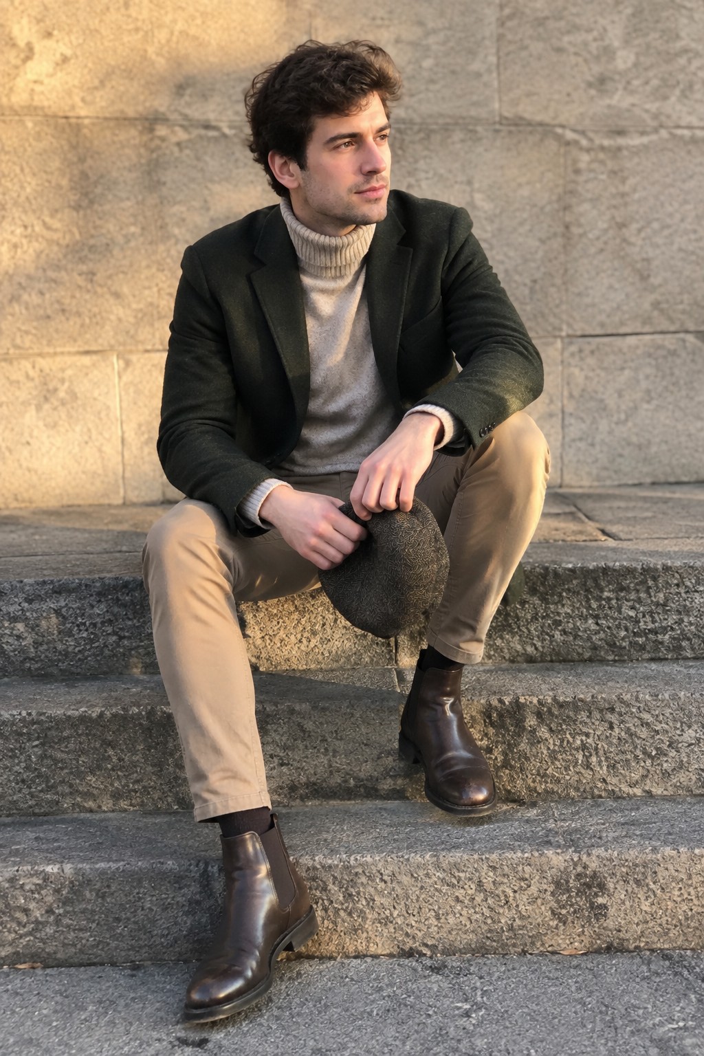 A man wearing a dark blazer, cream turtleneck, tan trousers, brown Chelsea boots, and a tweed flat cap.