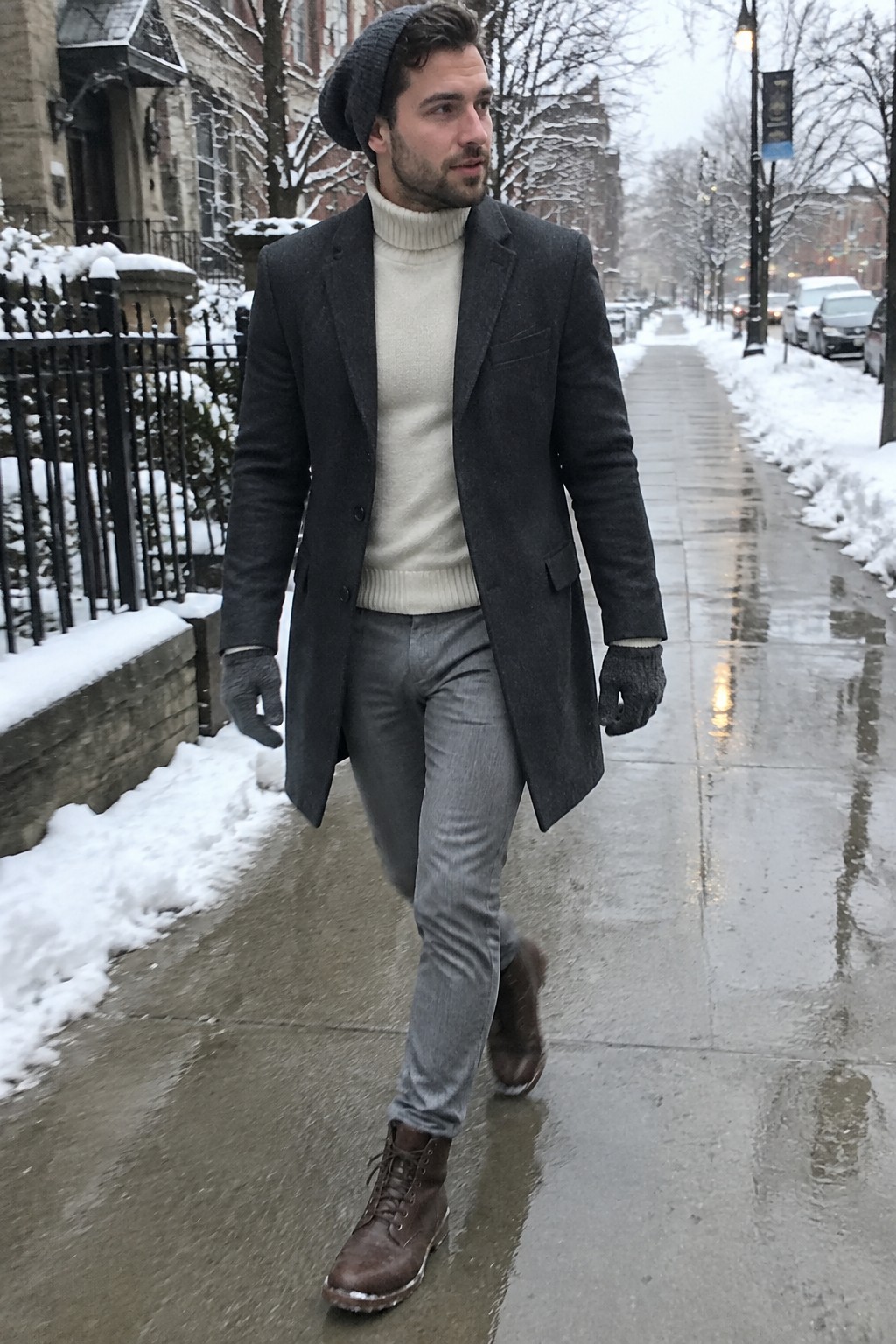 A man wearing a charcoal tailored coat over a cream turtleneck, grey trousers, brown lace-up boots, dark gloves, and a charcoal knit beanie.