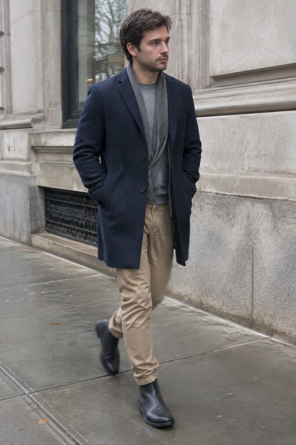 A man wearing a navy tailored coat over a gray sweater and charcoal scarf, with tan chinos and black leather ankle boots.