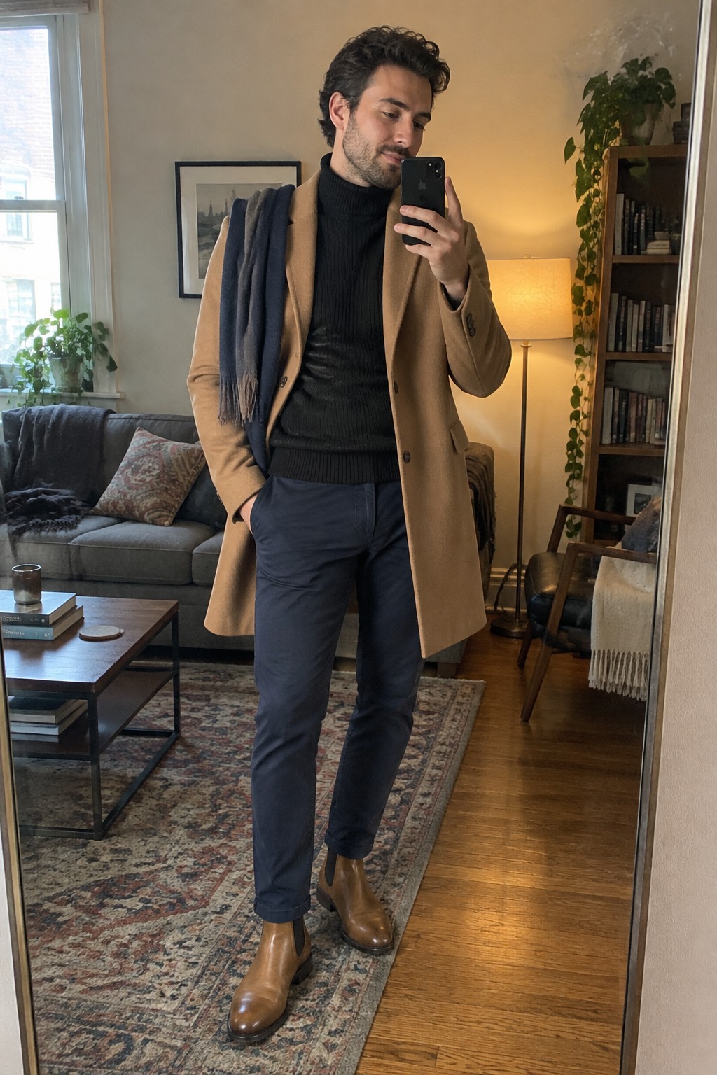Man wearing a camel overcoat over a black ribbed turtleneck, navy trousers, a dark scarf, and brown Chelsea boots.