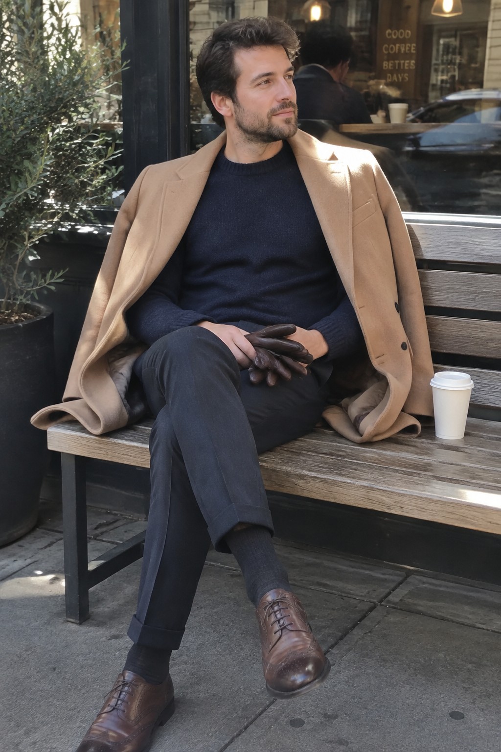 A man in a camel overcoat, navy sweater, charcoal cuffed trousers, dark socks, brown leather lace-up shoes, and leather gloves.