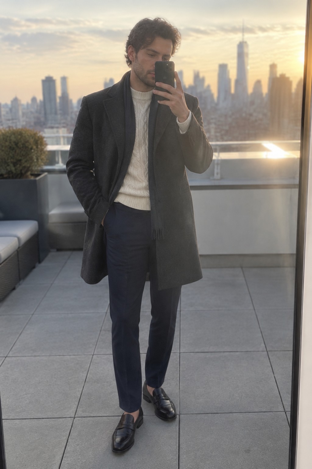 A man wearing a charcoal overcoat, cream cable-knit sweater, dark scarf, navy trousers, and black leather loafers.