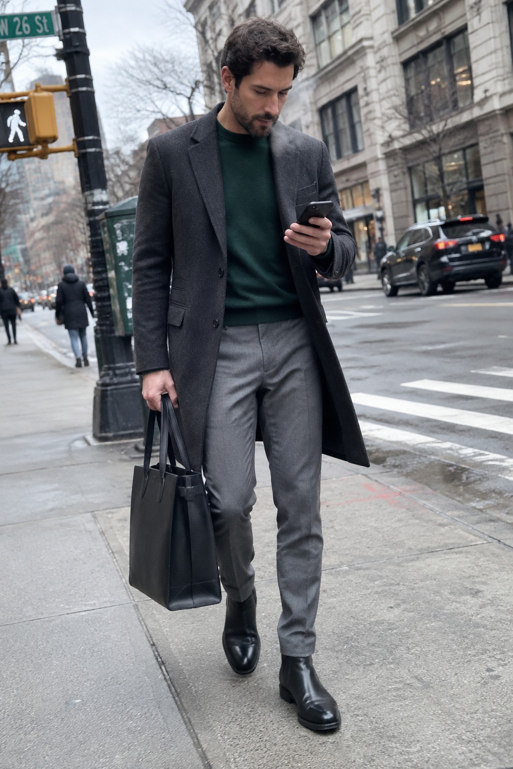 A man wearing a charcoal overcoat, dark green sweater, gray trousers, black Chelsea boots, and carrying a black leather tote while looking at his phone.