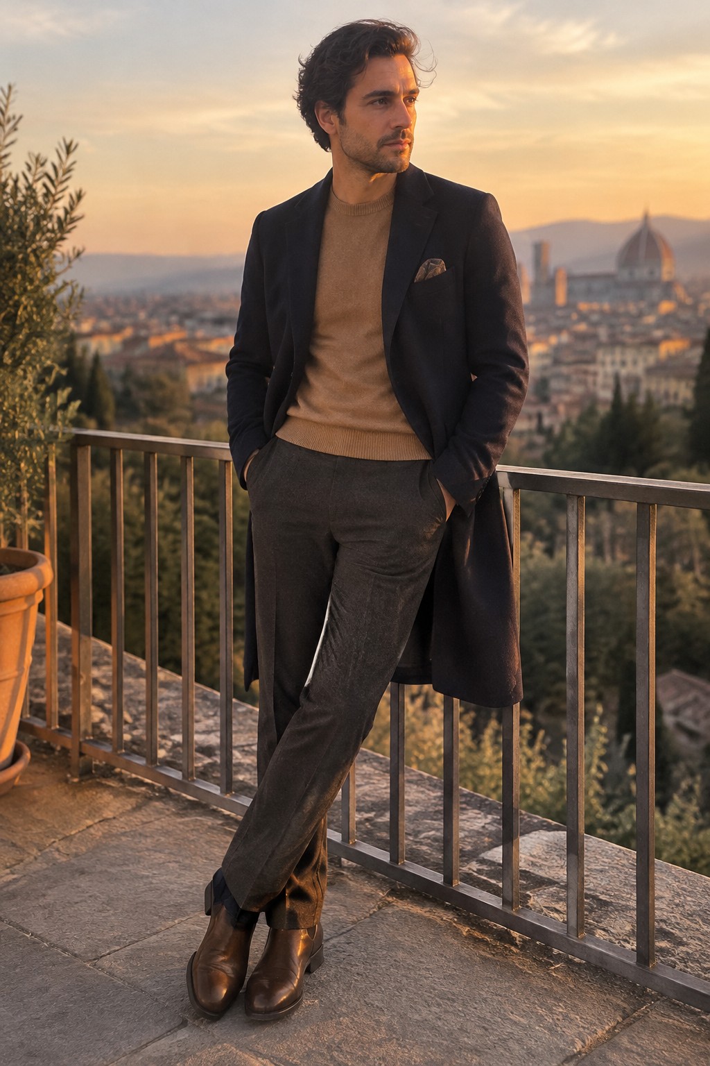 A man wearing a navy tailored coat over a camel sweater, charcoal trousers, and brown leather boots.