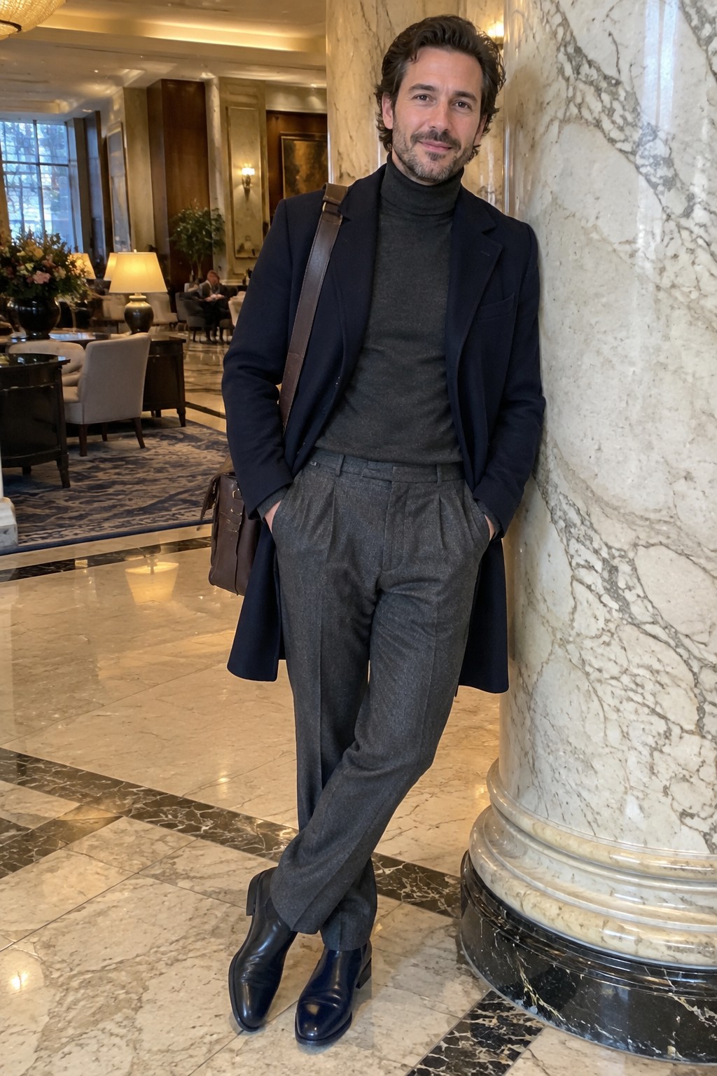 A man wearing a long navy overcoat, charcoal turtleneck, gray pleated trousers, black leather ankle boots, and a brown shoulder bag.