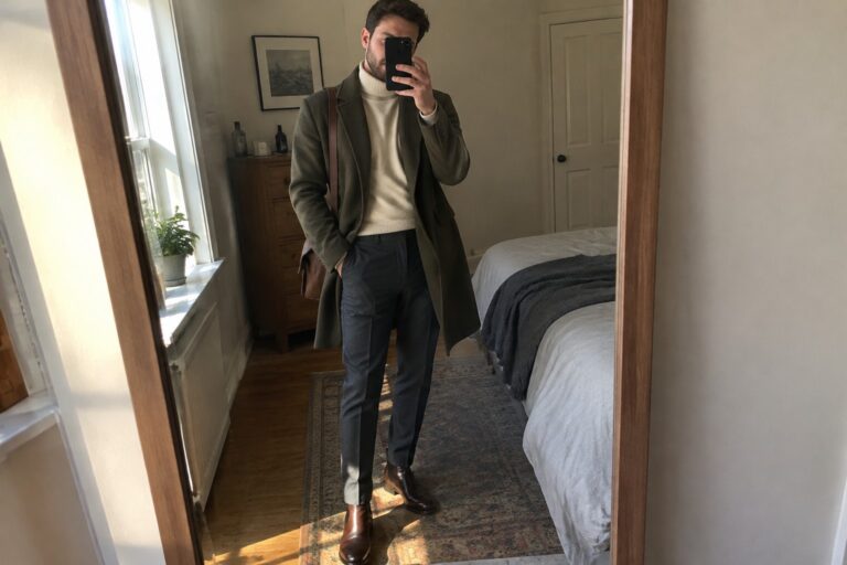 Man wearing an olive wool overcoat over a cream turtleneck and charcoal trousers, with brown leather Chelsea boots and a matching shoulder bag.