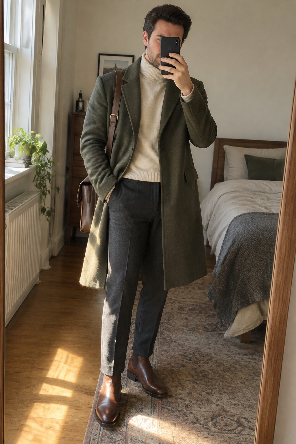 Man wearing an olive wool overcoat over a cream turtleneck and charcoal trousers, with brown leather Chelsea boots and a matching shoulder bag.