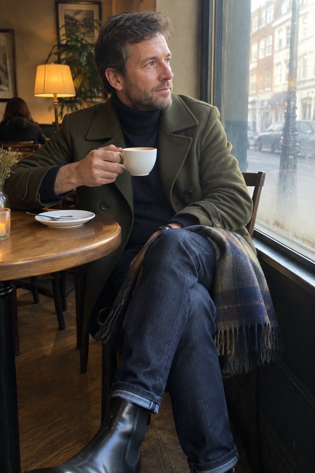 A man in an olive wool coat, navy turtleneck, dark cuffed jeans, black Chelsea boots, and a muted plaid scarf sits holding a white coffee cup.