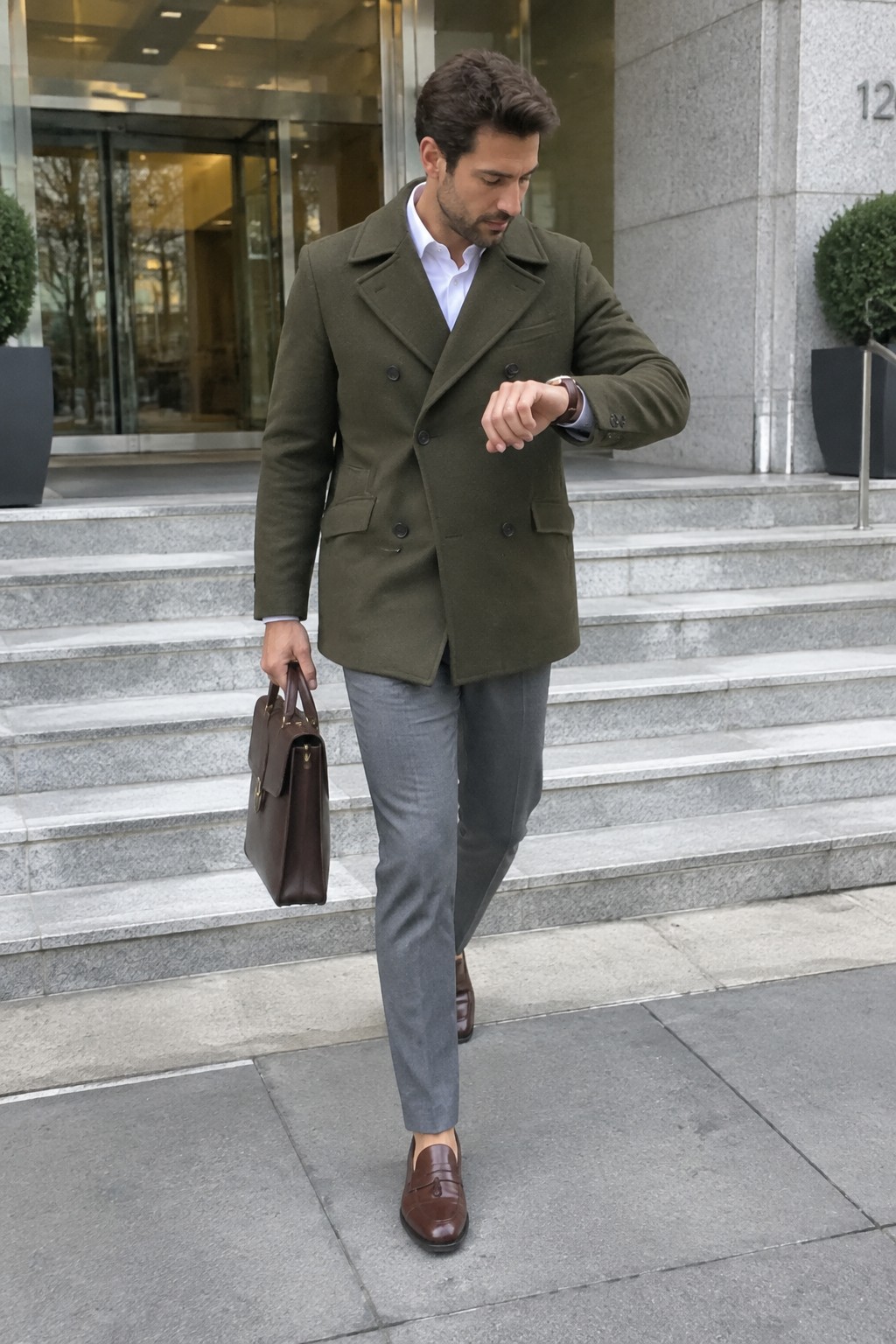 Man wearing a dark olive double-breasted coat, white shirt, gray trousers, brown leather loafers, and carrying a brown briefcase.