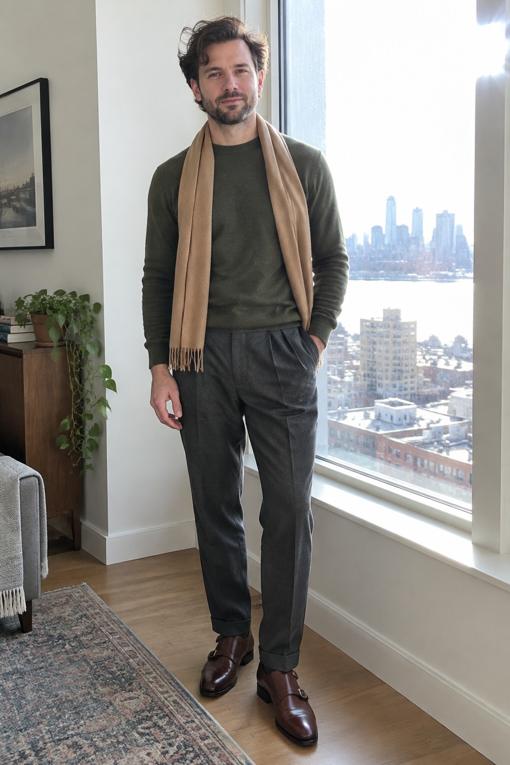 A man wears a dark olive sweater, camel scarf, charcoal gray cuffed trousers, and brown leather double-monk shoes.