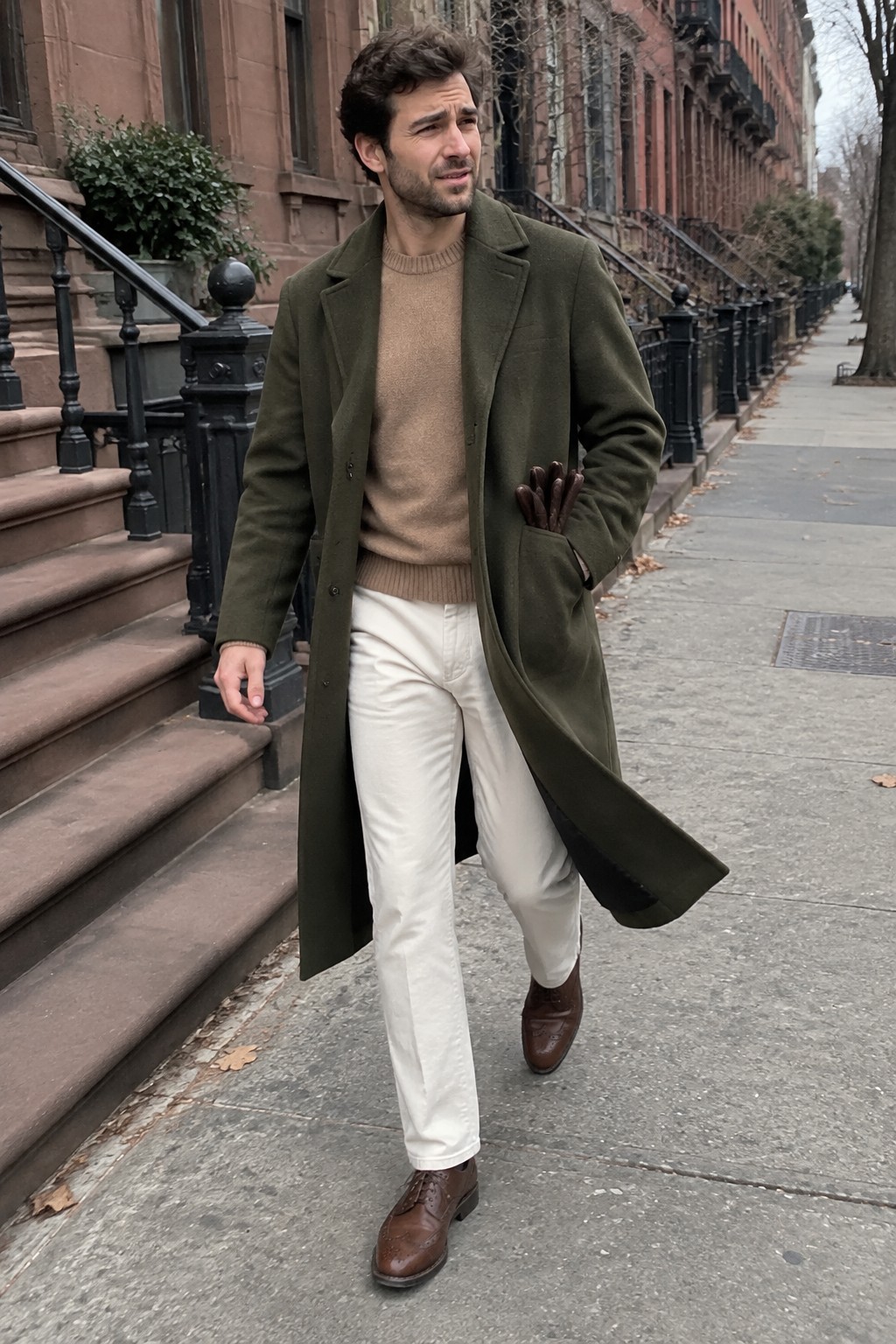 A man wearing a long olive overcoat over a camel sweater, white trousers, and brown leather lace-up shoes, with brown gloves tucked into his coat pocket.