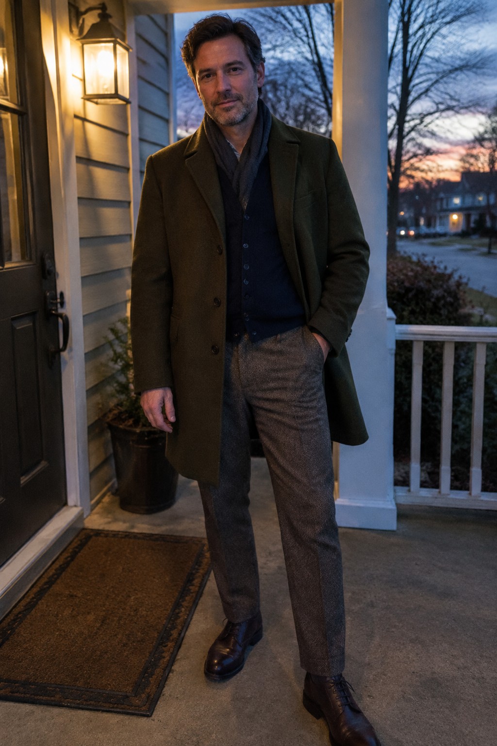 A man wearing a long olive overcoat over a navy cardigan and charcoal scarf, with gray tweed trousers and dark brown leather lace-up shoes.
