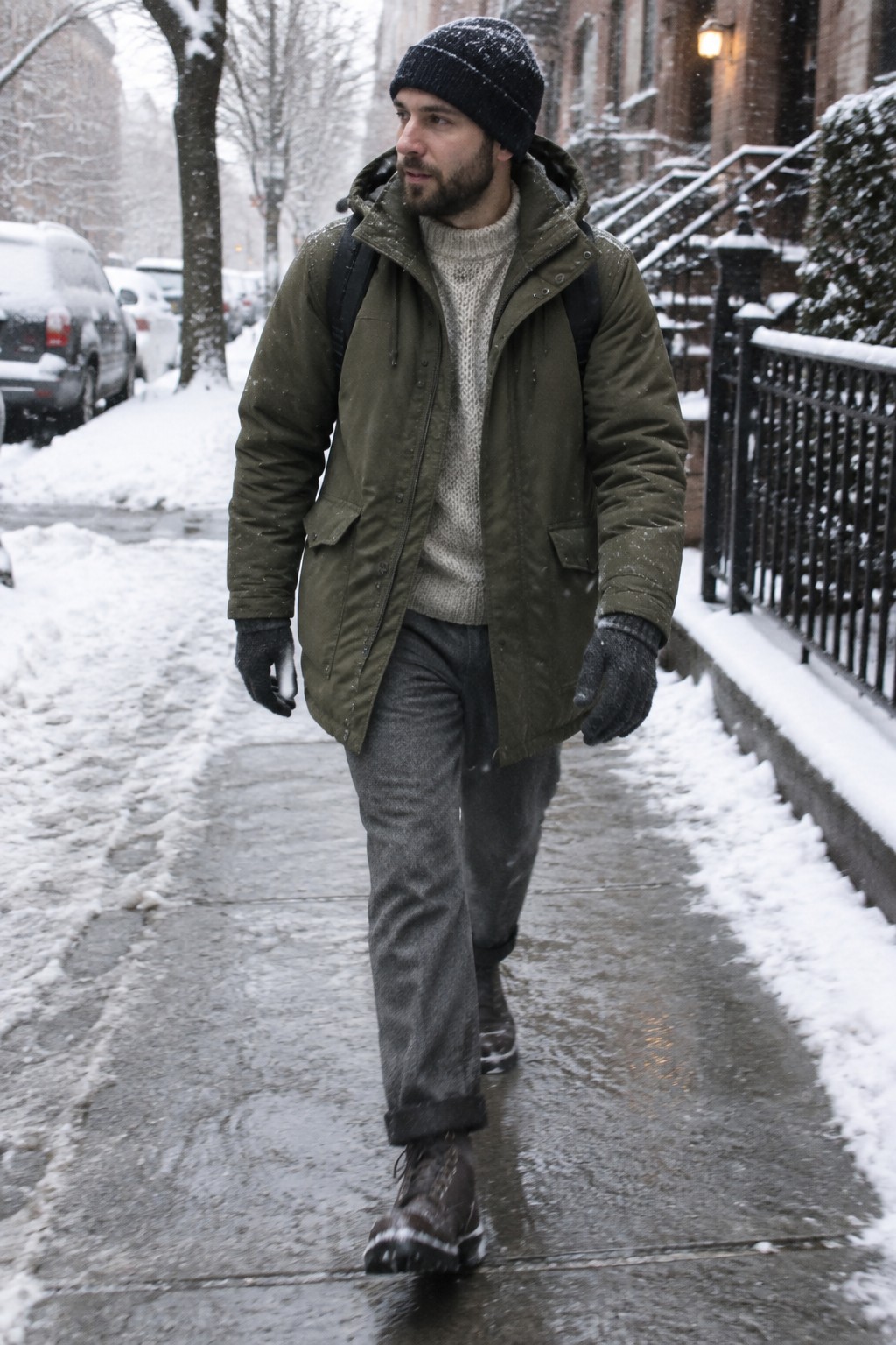 A man wearing an olive parka over a light gray textured sweater, charcoal trousers, a black knit beanie and gloves, and brown lace-up boots.