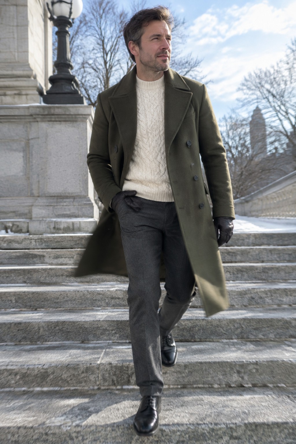 A man wearing an olive double-breasted peacoat, cream cable-knit sweater, charcoal gray trousers, black leather gloves, and black lace-up shoes.