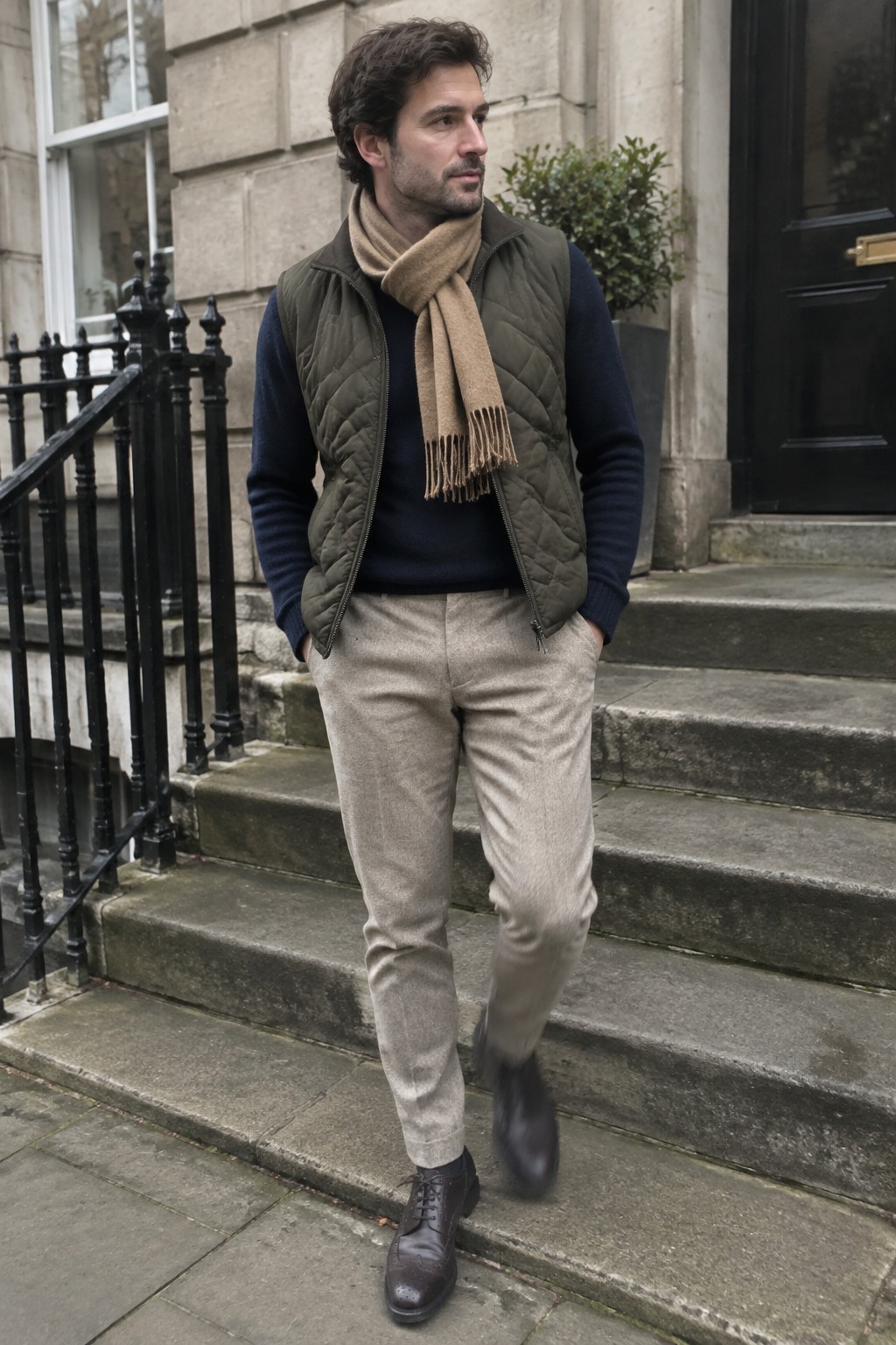 Man wearing an olive quilted vest over a navy sweater, a camel scarf, beige tailored trousers, and dark brown lace-up boots.