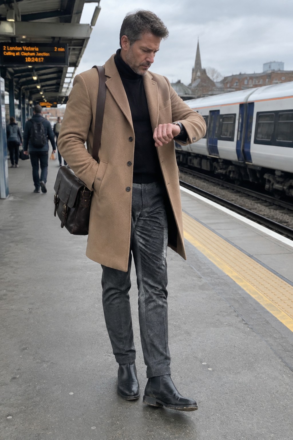 A man in a camel overcoat, black knit top, charcoal trousers, black Chelsea boots, and a dark leather shoulder bag checks his watch.