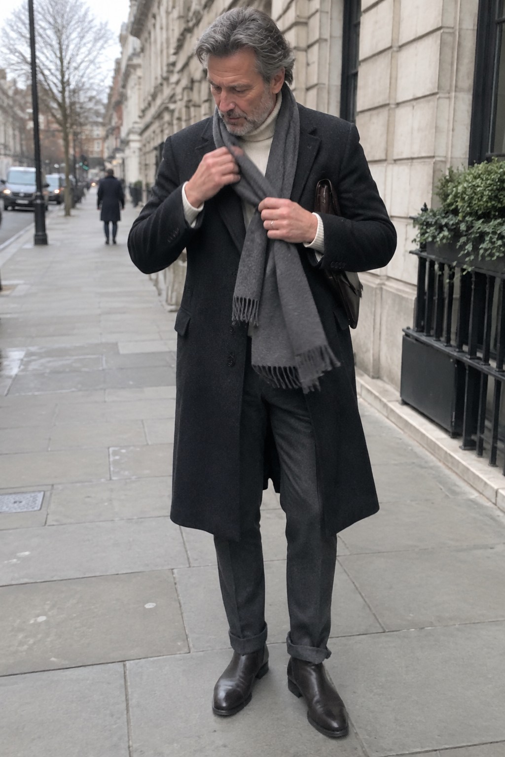A man wearing a long charcoal overcoat, cream turtleneck, gray scarf, dark gray cuffed trousers, and black ankle boots.