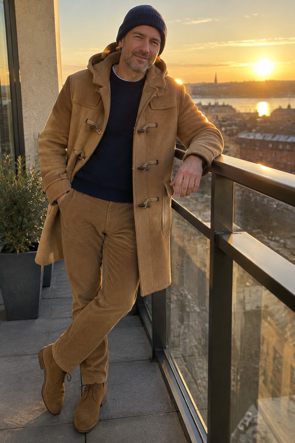 A man wearing a camel duffle coat, navy sweater and beanie, brown corduroy trousers, and brown suede lace-up boots.