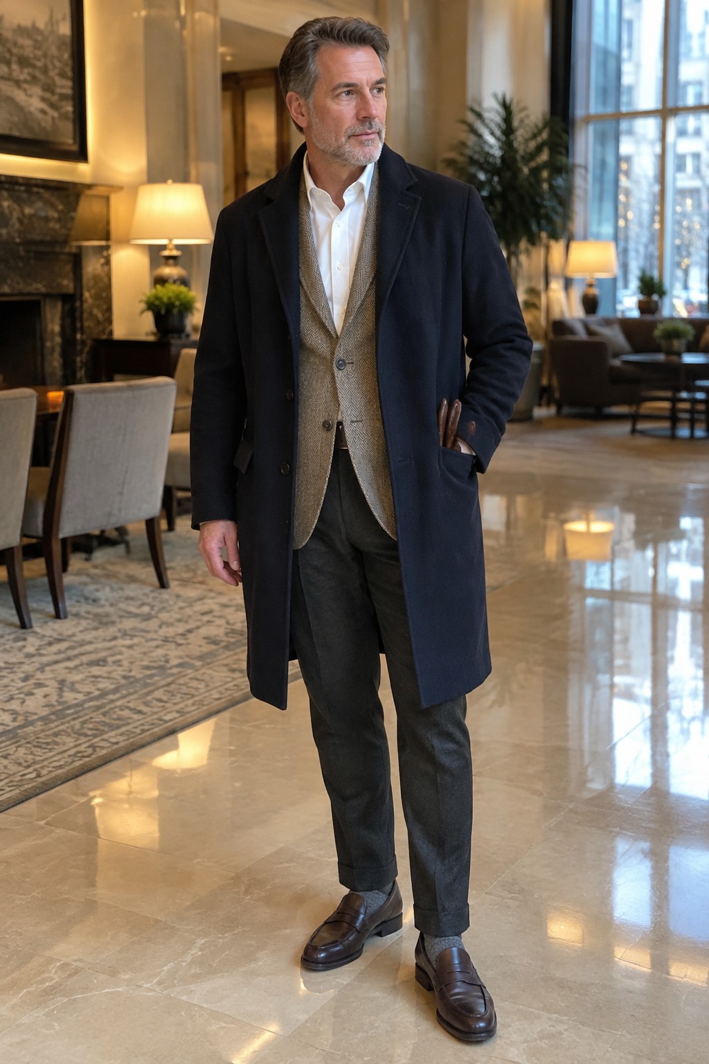 A middle-aged man wearing a navy overcoat over a taupe tweed waistcoat and white shirt, with charcoal trousers and dark brown leather loafers.