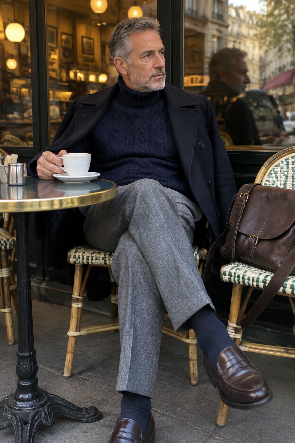 A gray-haired man in a navy peacoat, navy cable-knit turtleneck, gray trousers, navy socks, and brown loafers sits holding a white coffee cup.