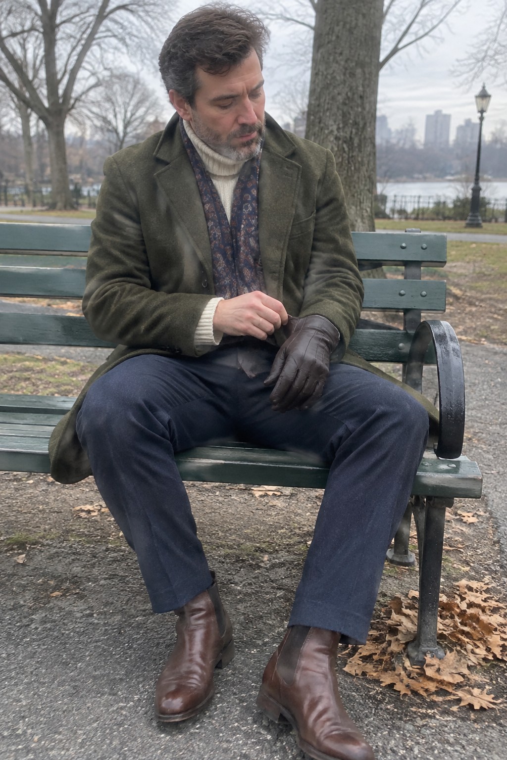 A man seated on a park bench wears an olive wool coat, cream turtleneck sweater, patterned navy scarf, dark blue trousers, brown leather gloves, and brown Chelsea boots.