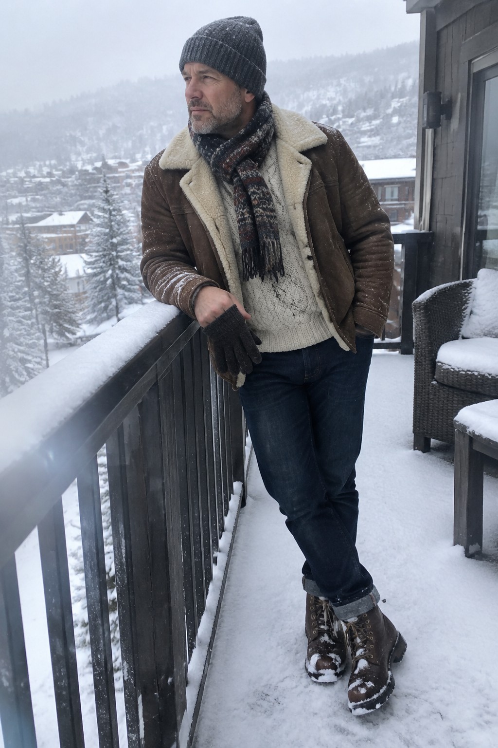 A man wearing a brown shearling-lined jacket, cream sweater, patterned scarf, dark cuffed jeans, brown lace-up boots, knit beanie, and gloves.