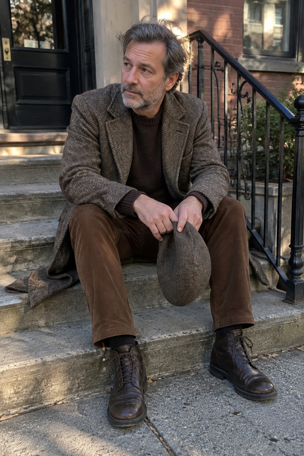 A man wearing a brown herringbone blazer, dark brown sweater, corduroy trousers, brown lace-up boots, and a matching tweed cap.