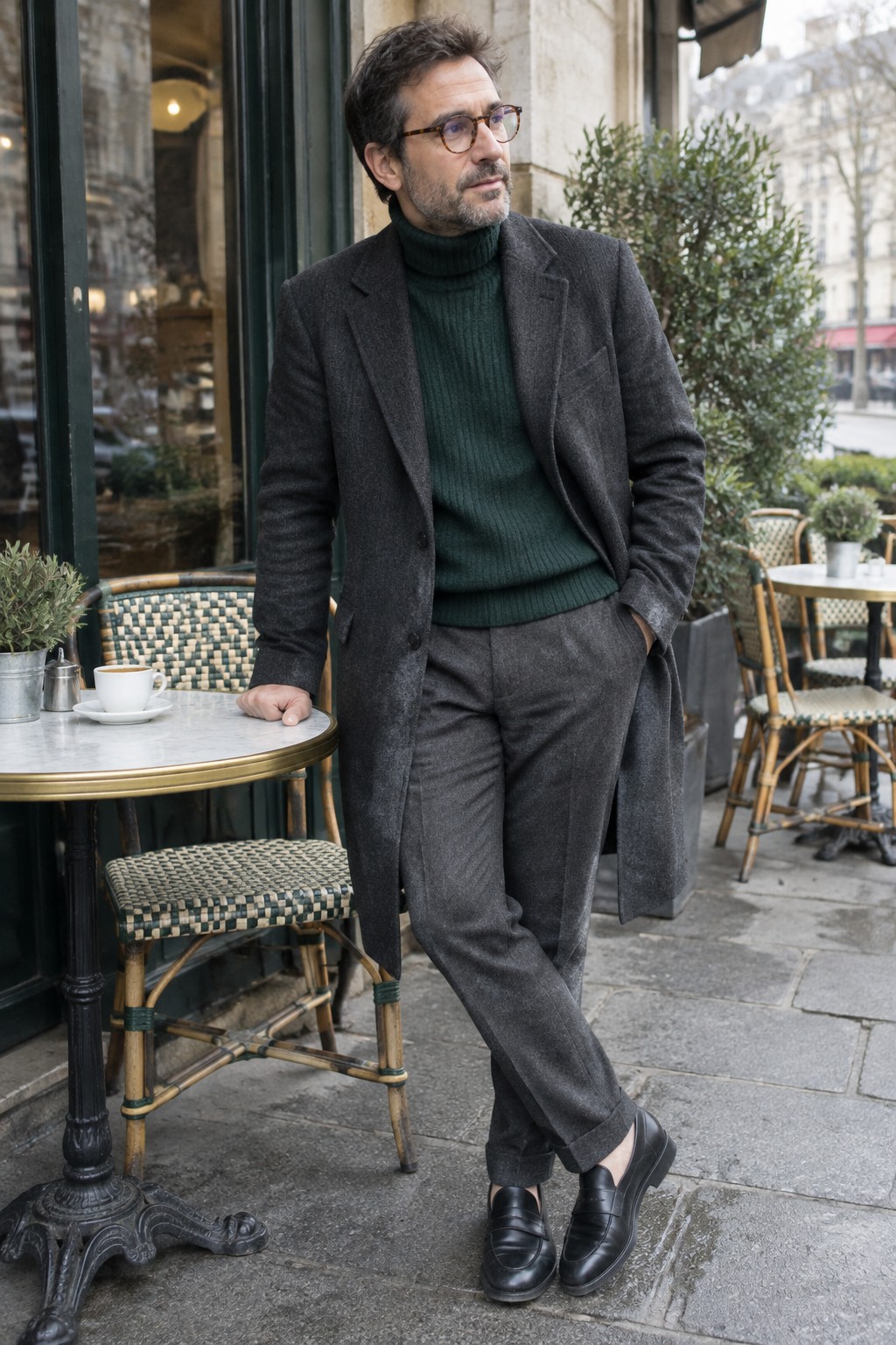 A man wearing a dark green ribbed turtleneck, charcoal suit and long charcoal overcoat with black leather loafers and tortoiseshell glasses.