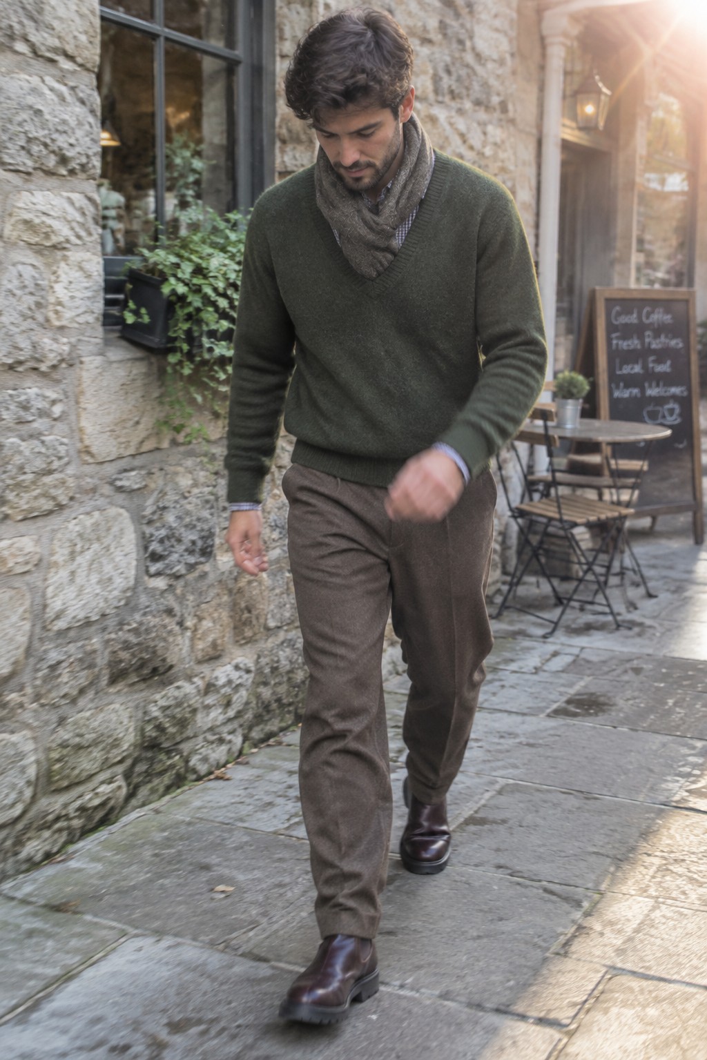 A man wearing a dark green V-neck sweater over a checked shirt, a taupe scarf, brown trousers, and brown Chelsea boots.