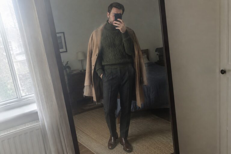 18 Distinctive Old Money Winter Outfits for Men Centered on Green Knitwear Man wearing an olive cable-knit turtleneck, camel overcoat, charcoal trousers, and dark brown Chelsea boots.