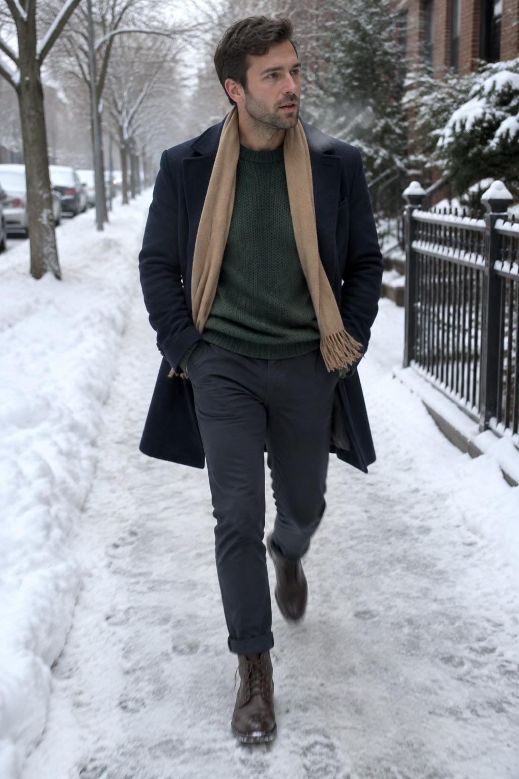 A man wears a forest green knit sweater, navy overcoat, camel scarf, charcoal cuffed trousers, and brown lace-up boots.