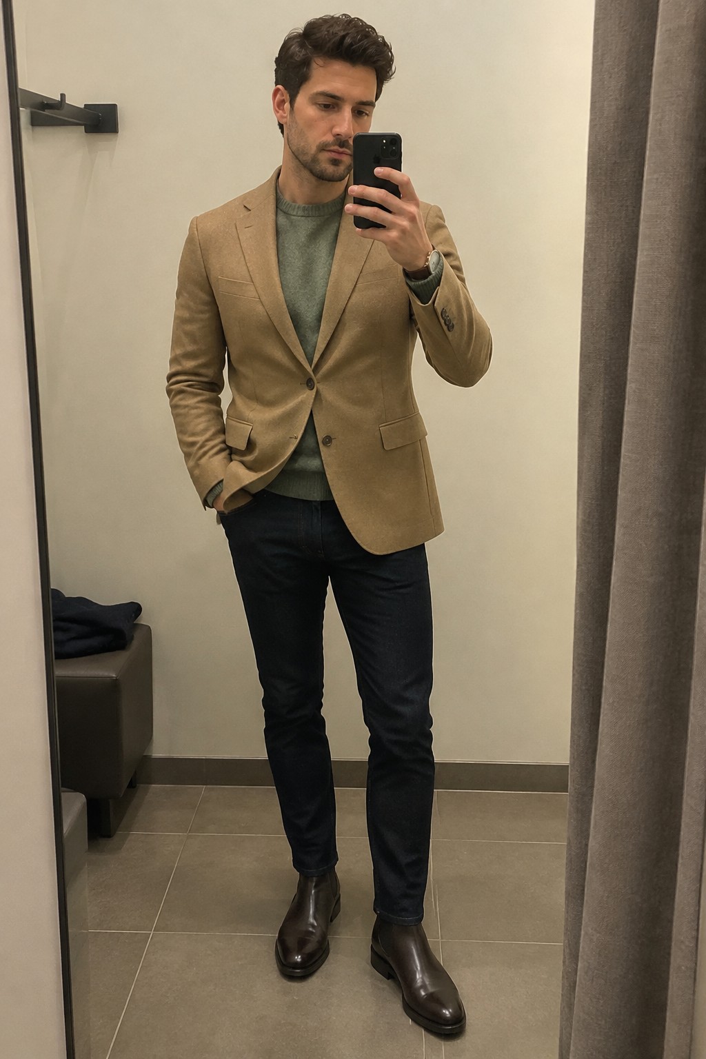 Man wearing a muted green crewneck sweater under a camel blazer, dark jeans, a wristwatch, and brown Chelsea boots.