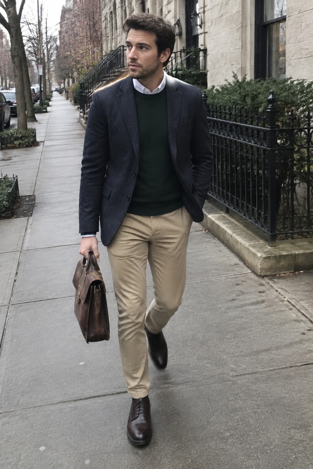 A man wearing a dark green sweater over a white shirt, charcoal blazer, tan chinos, and brown lace-up shoes, carrying a leather briefcase.