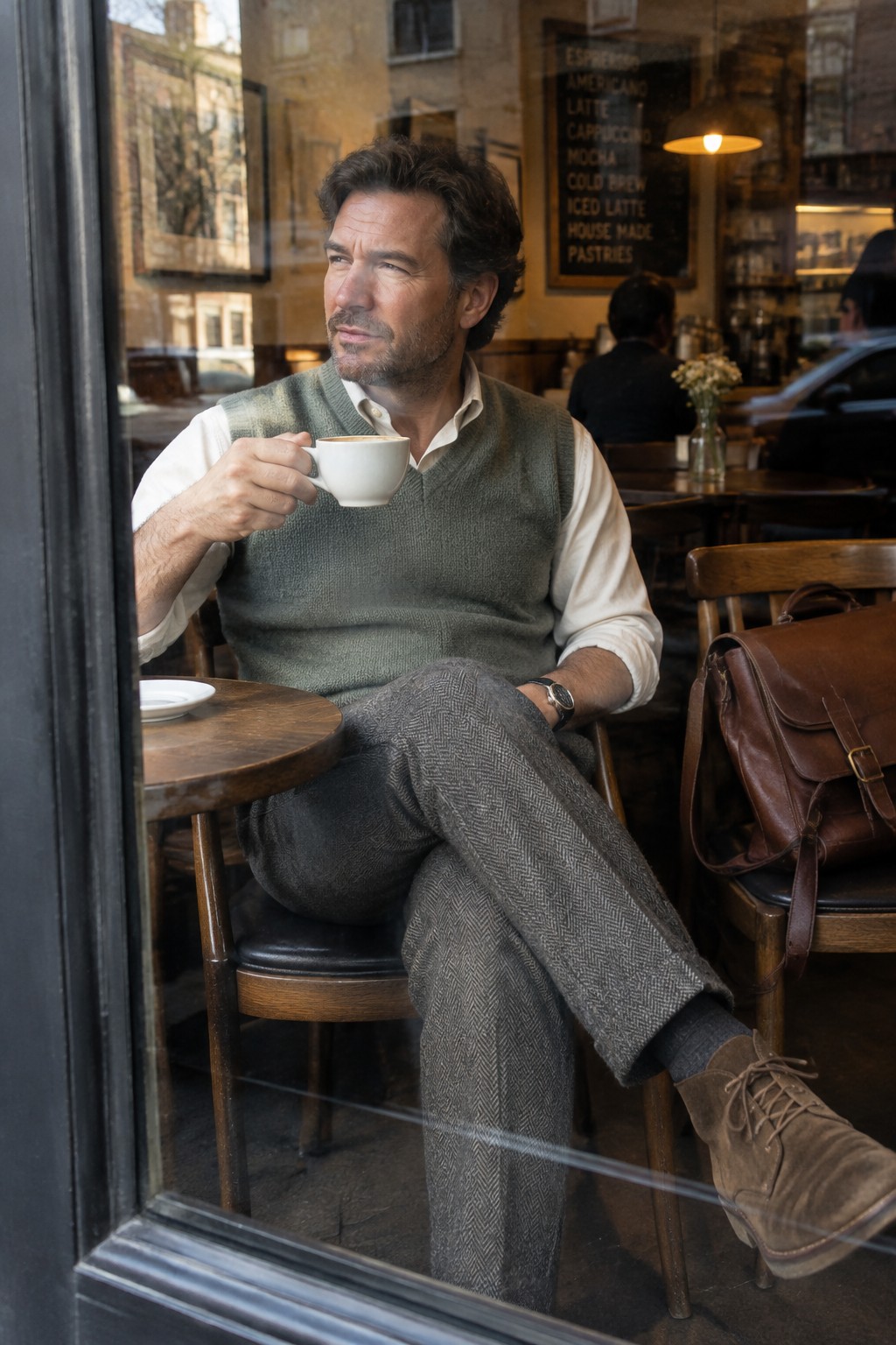 A man wearing a muted green knit vest over a white rolled-sleeve shirt, grey herringbone trousers, and brown suede lace-up boots, seated with a white coffee cup.
