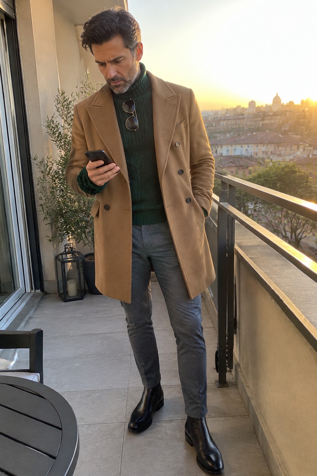 A man wearing a dark green ribbed turtleneck, camel double-breasted overcoat, gray trousers, and black Chelsea boots.